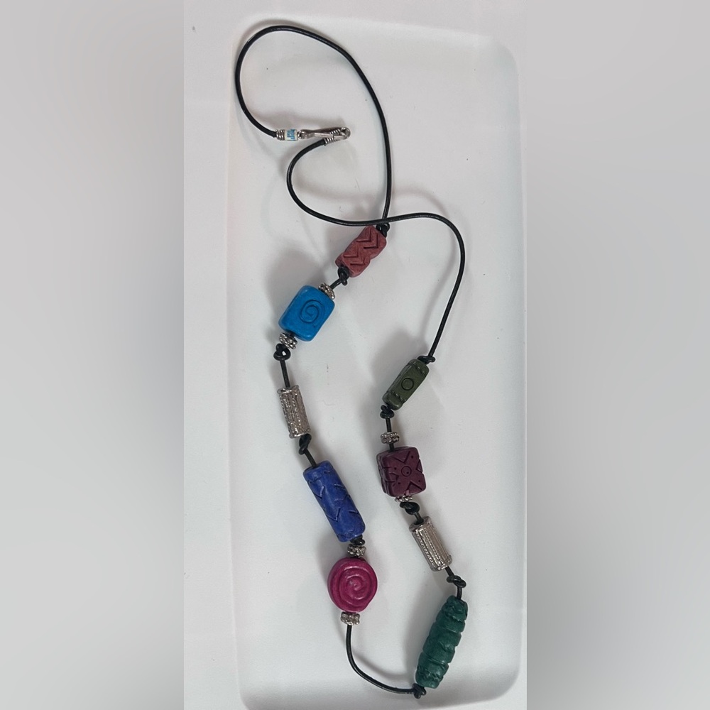 Vintage PIER 1  Colorful textured clay Bead Necklace knot cord boho casual